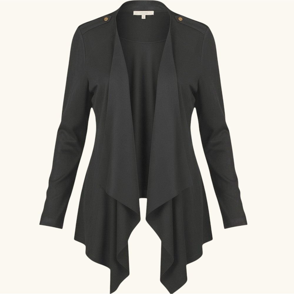 Yesta Black Faux Suede Waterfall Draped Open Front Cardigan Jacket Plus Size 16W